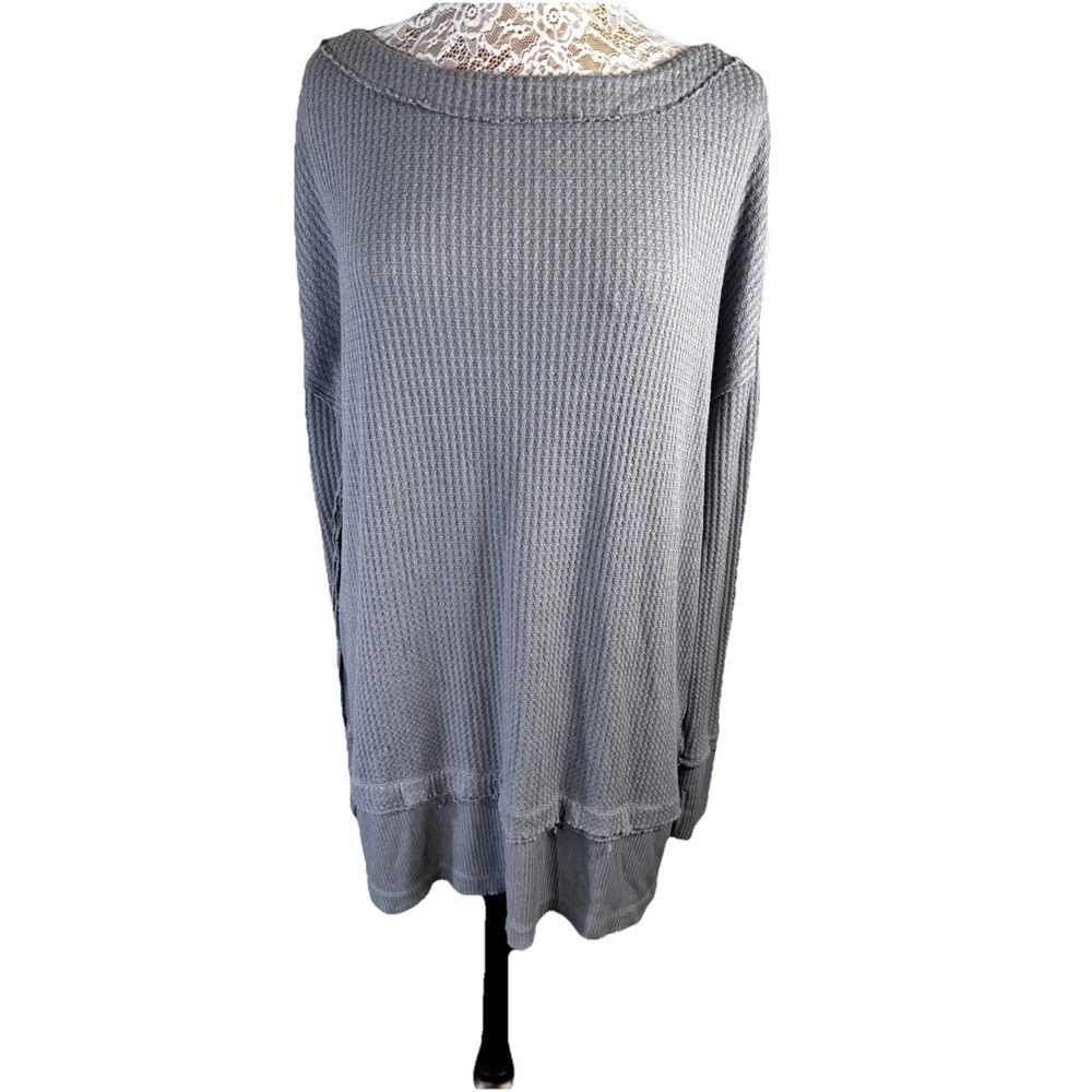 Free People North Shore Thermal Knit Womens Tunic Raw Edge Hem Storm GrayBoho L